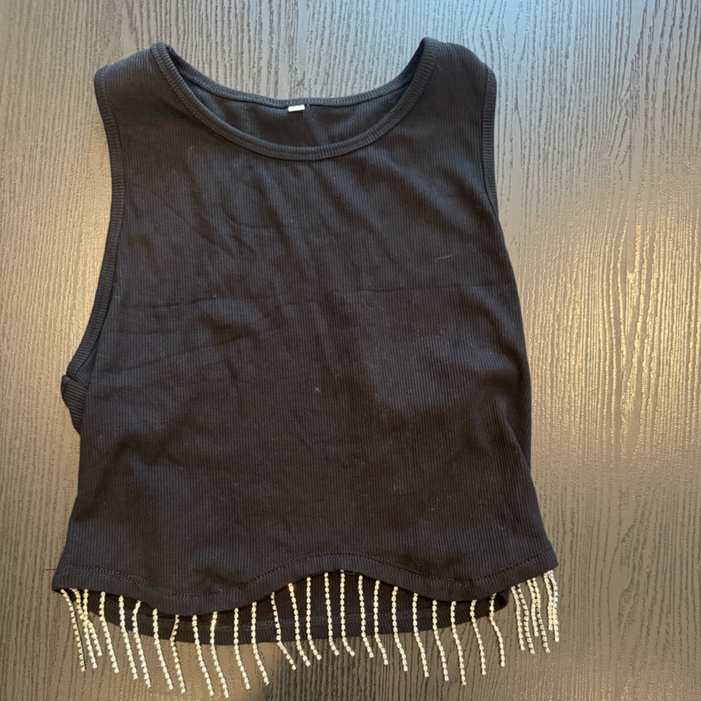 Black Sleeveless Top with Fringe Detail